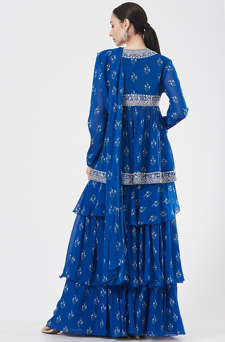 Cobalt Blue Georgette Printed Ruffled Wedding Saree Set by Sana Barreja at Pernia's Pop Up Shop