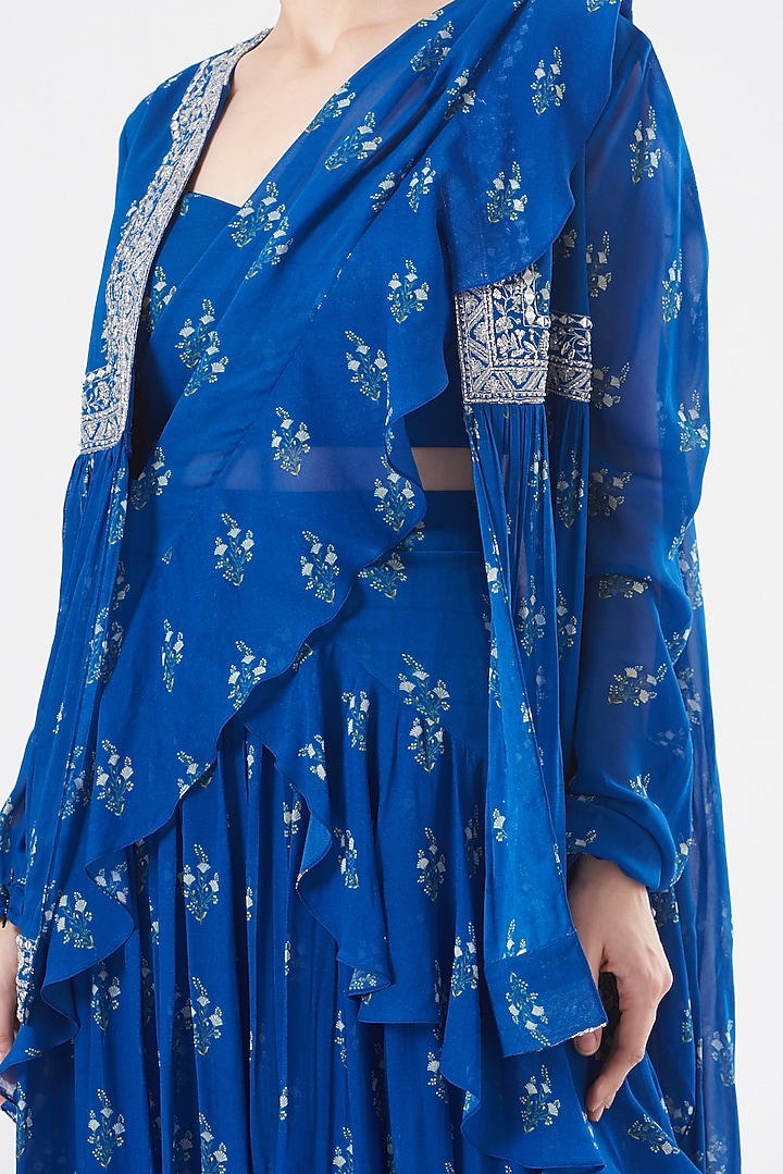 Cobalt Blue Georgette Printed Ruffled Wedding Saree Set by Sana Barreja at Pernia's Pop Up Shop
