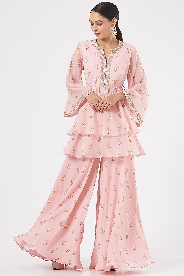 Blush Pink Printed Party Wear Sharara Set by Sana Barreja at Pernia's Pop Up Shop