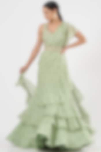 Mint Green Pre-Stitched Saree Set by Sana Barreja