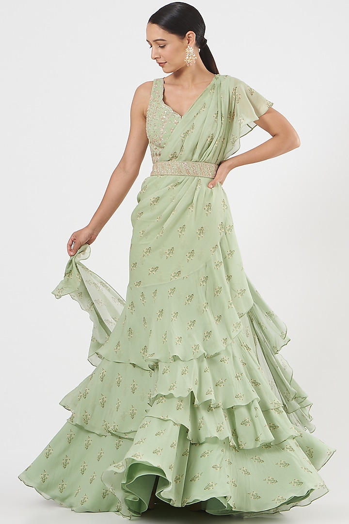 Mint Green Pre-Stitched Saree Set by Sana Barreja