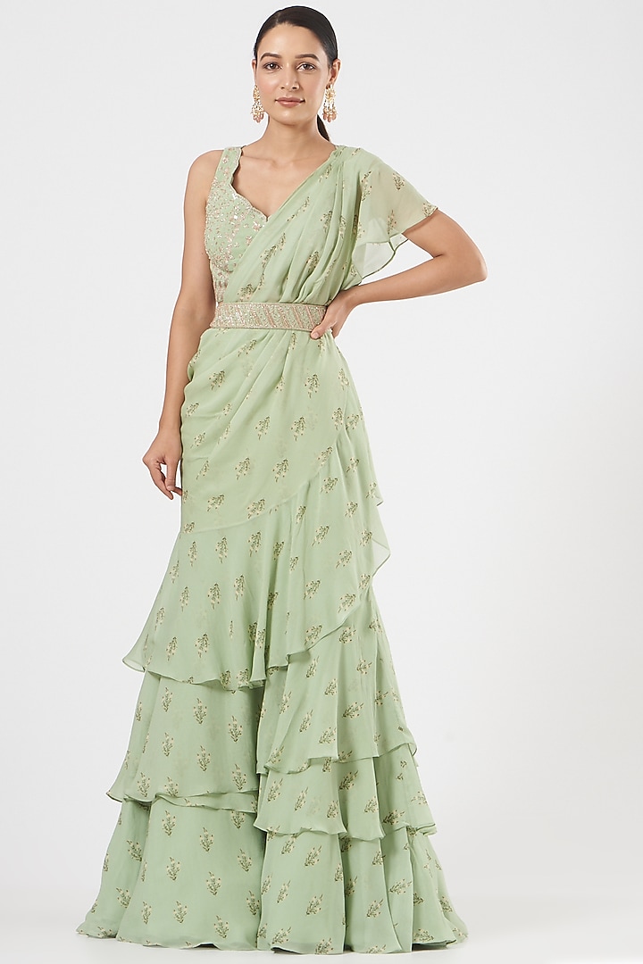 Mint Green Pre-Stitched Wedding Saree Set by Sana Barreja at Pernia's Pop Up Shop