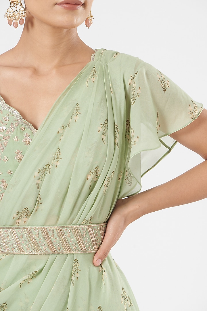 Mint Green Pre-Stitched Wedding Saree Set by Sana Barreja at Pernia's Pop Up Shop