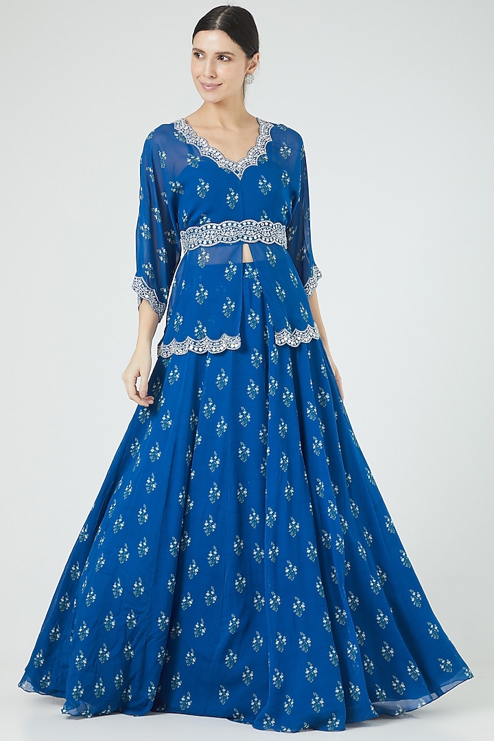 Cobalt Blue Embroidered Wedding Lehenga Set by Sana Barreja at Pernia's Pop Up Shop