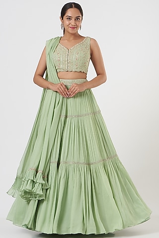 Mint Green Georgette Printed Lehenga Set by Sana Barreja