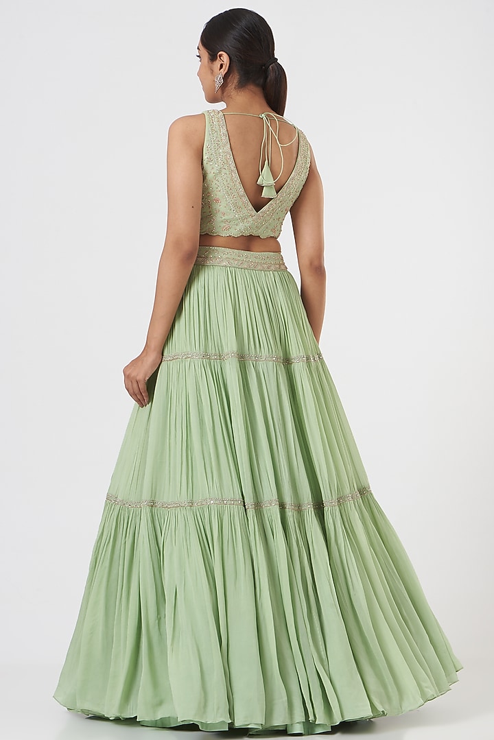 Mint Green Georgette Printed Wedding Lehenga Set by Sana Barreja at Pernia's Pop Up Shop
