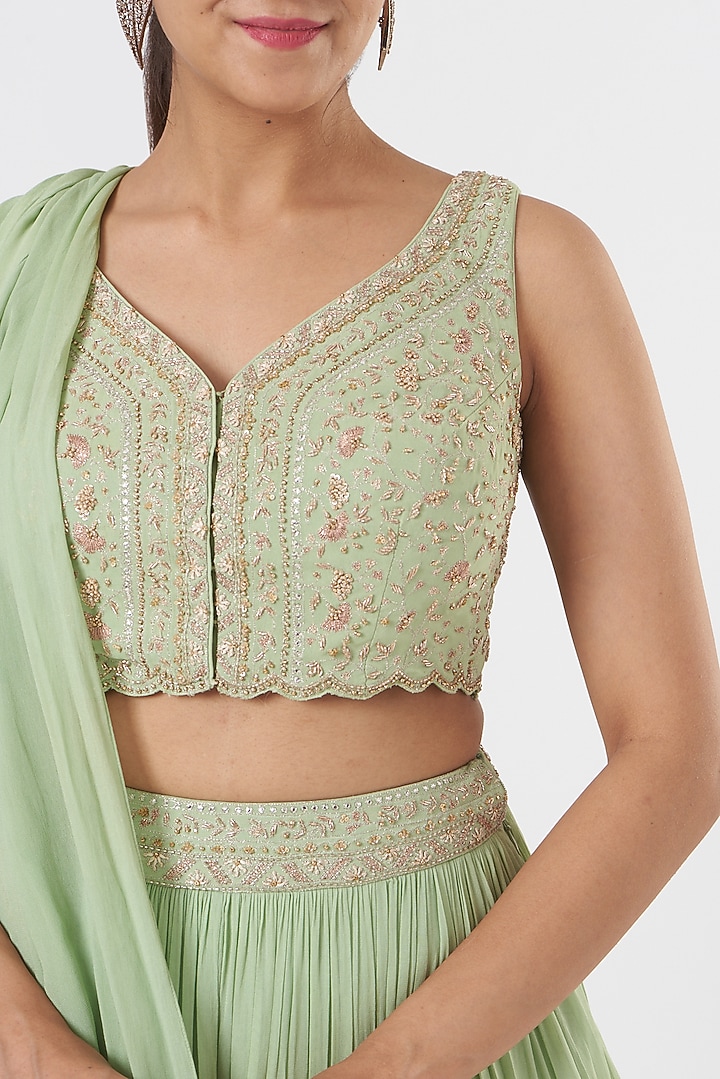 Mint Green Georgette Printed Wedding Lehenga Set by Sana Barreja at Pernia's Pop Up Shop