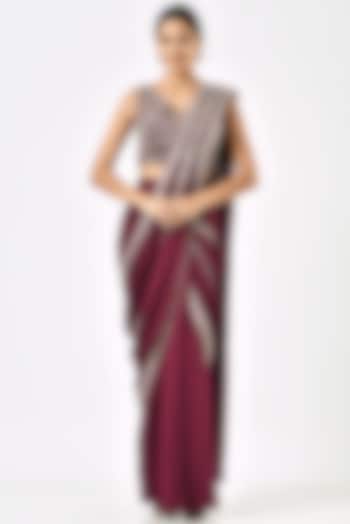 Maroon Embroidered Pre-Stitched Wedding Saree Set by Sana Barreja at Pernia's Pop Up Shop