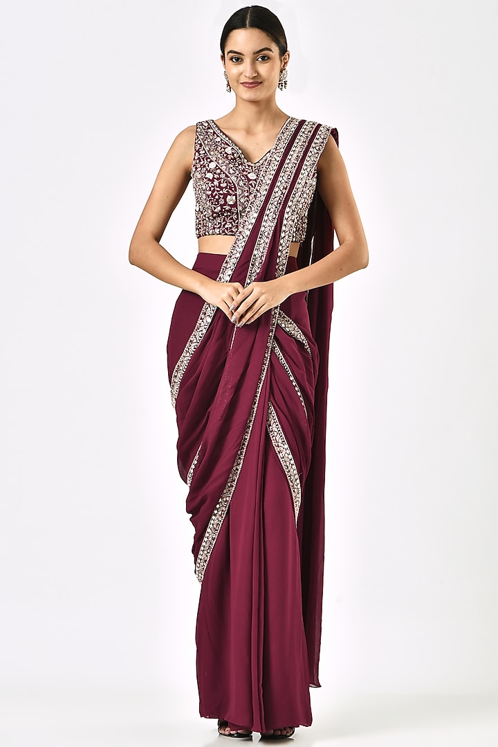 Maroon Embroidered Pre-Stitched Wedding Saree Set by Sana Barreja at Pernia's Pop Up Shop