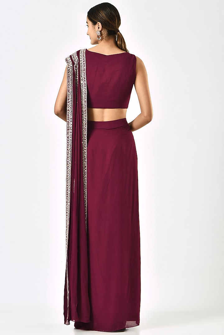 Maroon Embroidered Pre-Stitched Wedding Saree Set by Sana Barreja at Pernia's Pop Up Shop