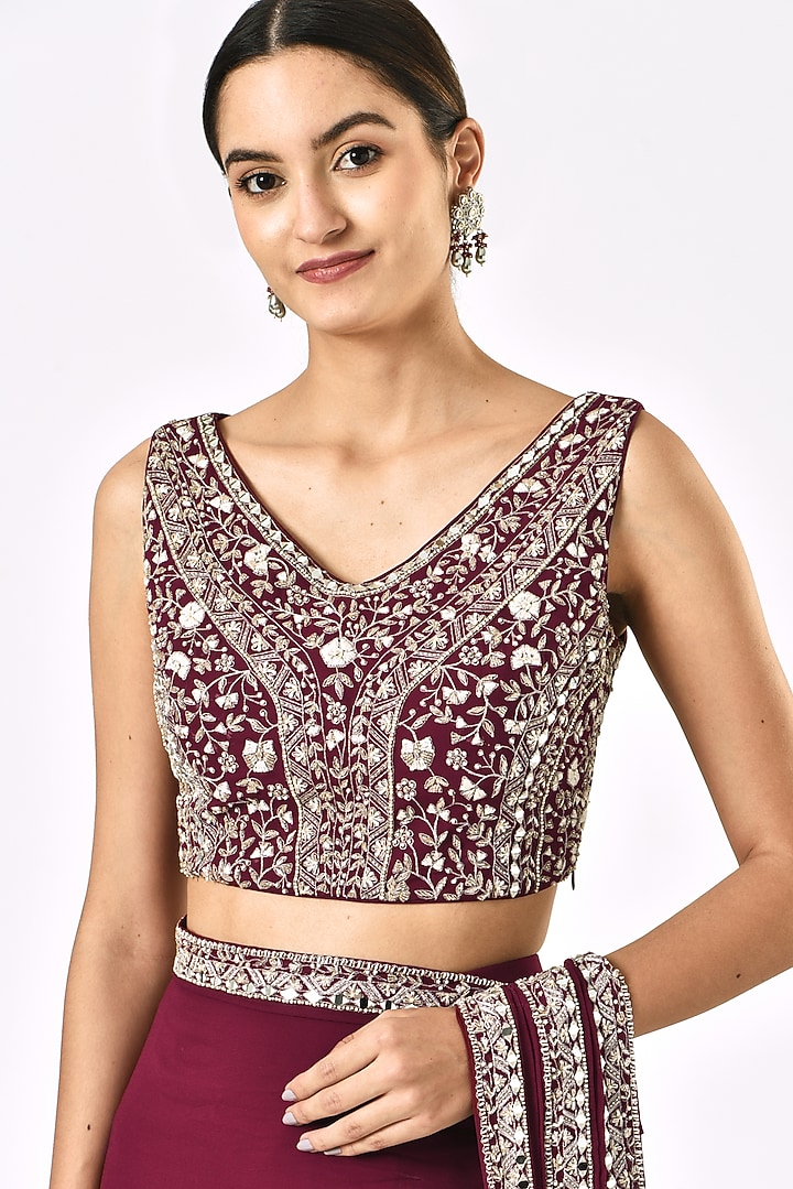 Maroon Embroidered Pre-Stitched Wedding Saree Set by Sana Barreja at Pernia's Pop Up Shop