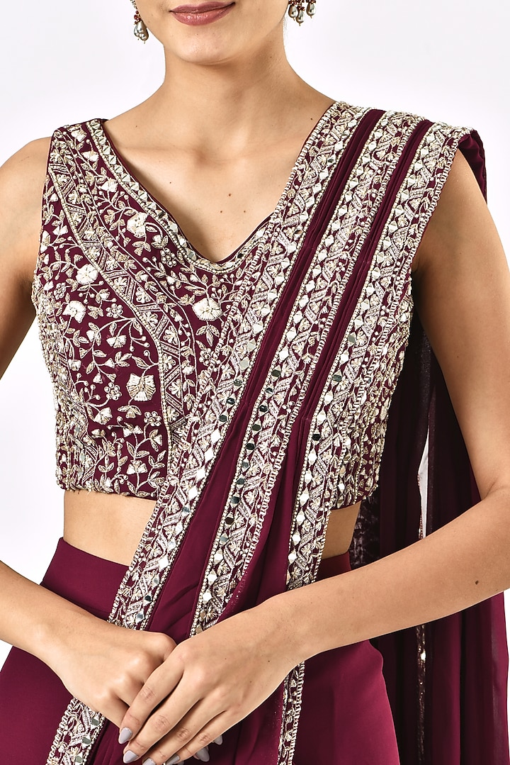 Maroon Embroidered Pre-Stitched Wedding Saree Set by Sana Barreja at Pernia's Pop Up Shop