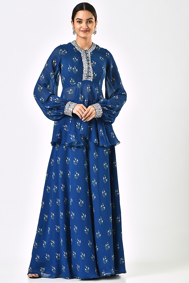 Blue Printed Sharara Set by Sana Barreja