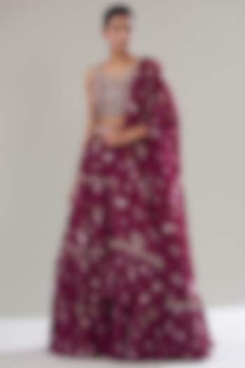 Fuchsia Georgette Printed Wedding Lehenga Set by Sana Barreja at Pernia's Pop Up Shop