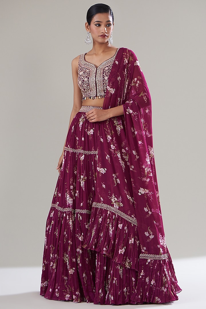 Fuchsia Georgette Printed Wedding Lehenga Set by Sana Barreja at Pernia's Pop Up Shop