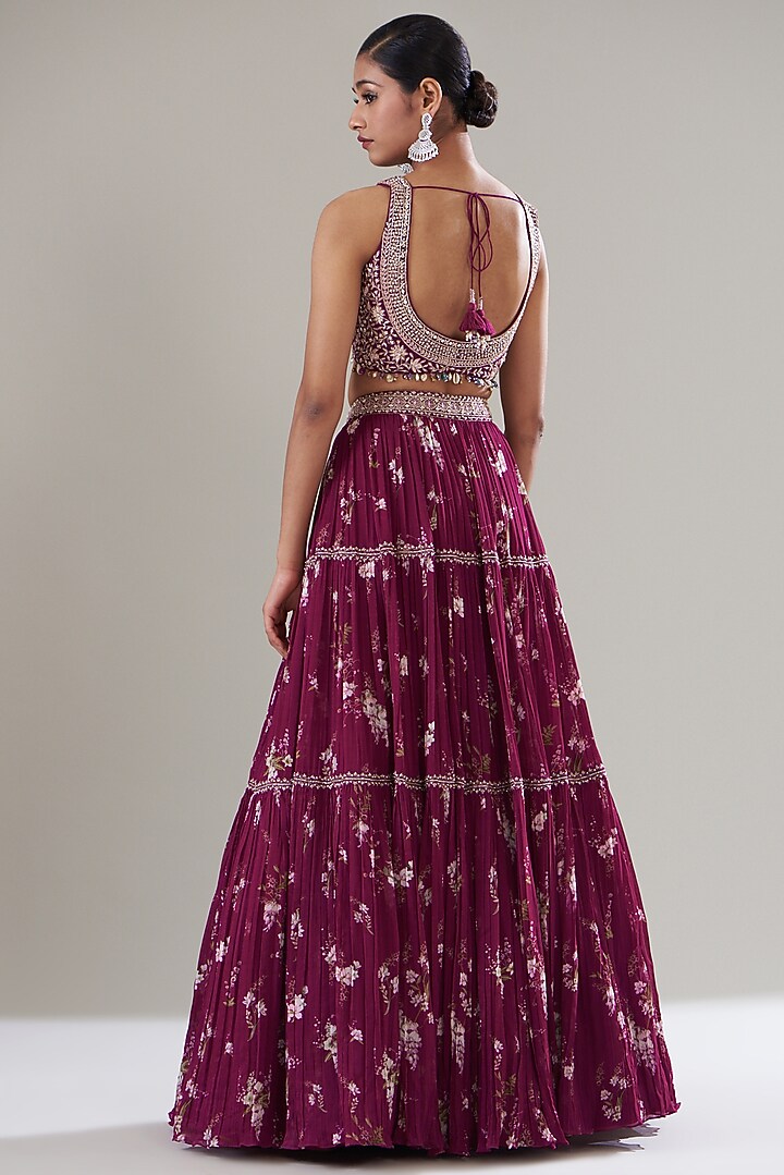 Fuchsia Georgette Printed Wedding Lehenga Set by Sana Barreja at Pernia's Pop Up Shop