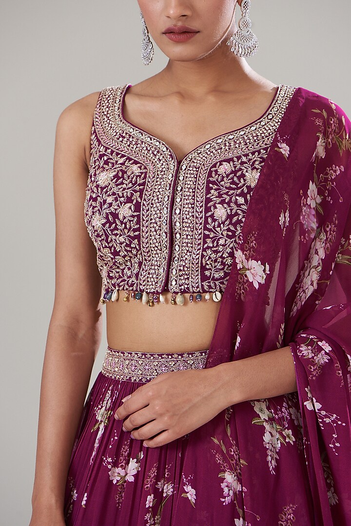 Fuchsia Georgette Printed Wedding Lehenga Set by Sana Barreja at Pernia's Pop Up Shop