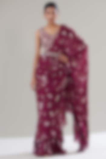 Fuchsia Georgette Printed Saree Set by Sana Barreja