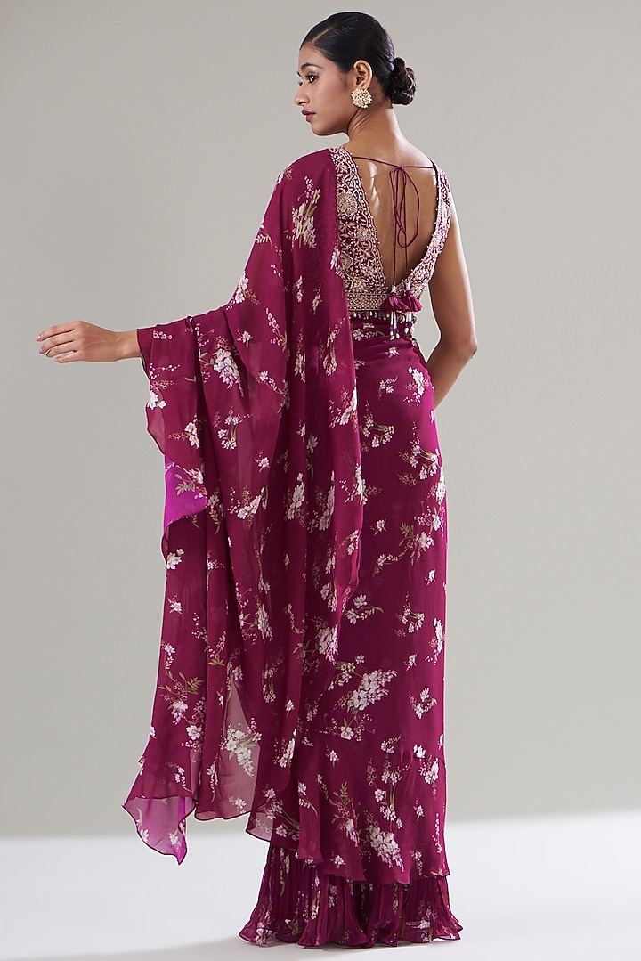 Fuchsia Georgette Printed Wedding Saree Set by Sana Barreja at Pernia's Pop Up Shop