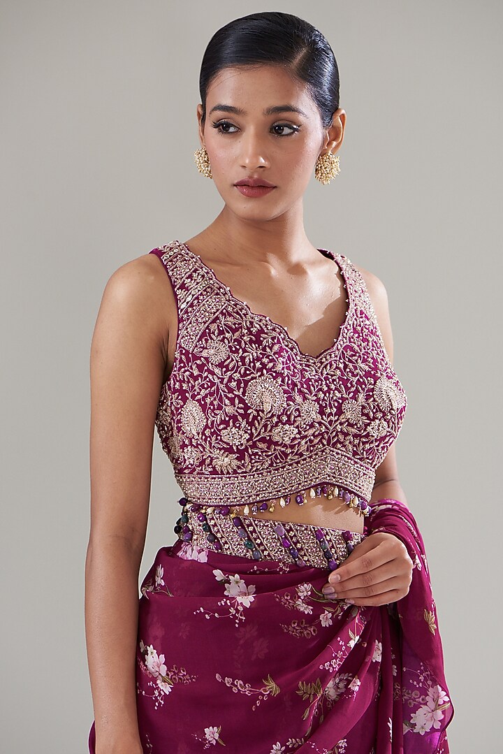 Fuchsia Georgette Printed Wedding Saree Set by Sana Barreja at Pernia's Pop Up Shop