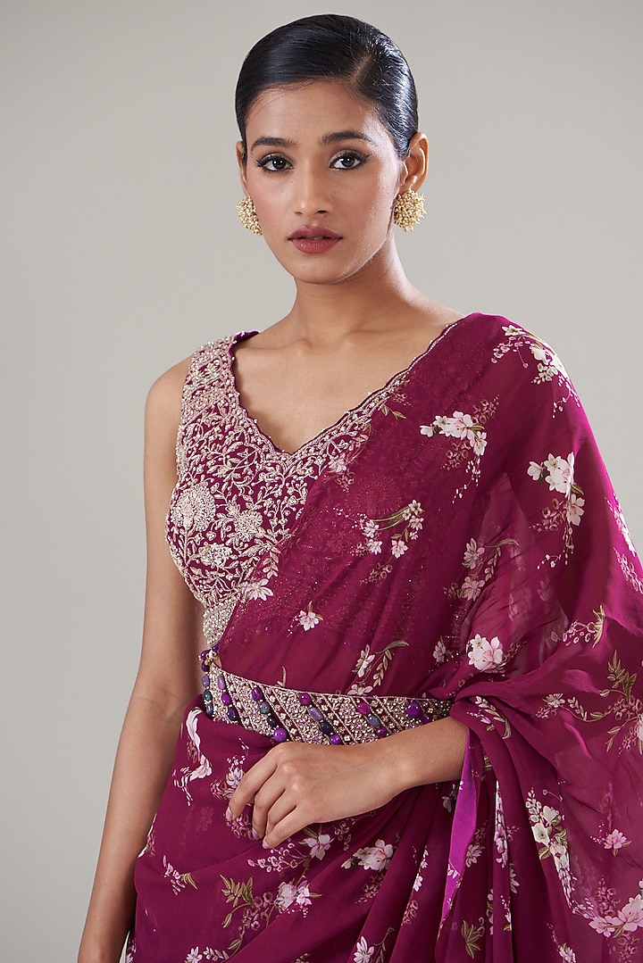 Fuchsia Georgette Printed Wedding Saree Set by Sana Barreja at Pernia's Pop Up Shop