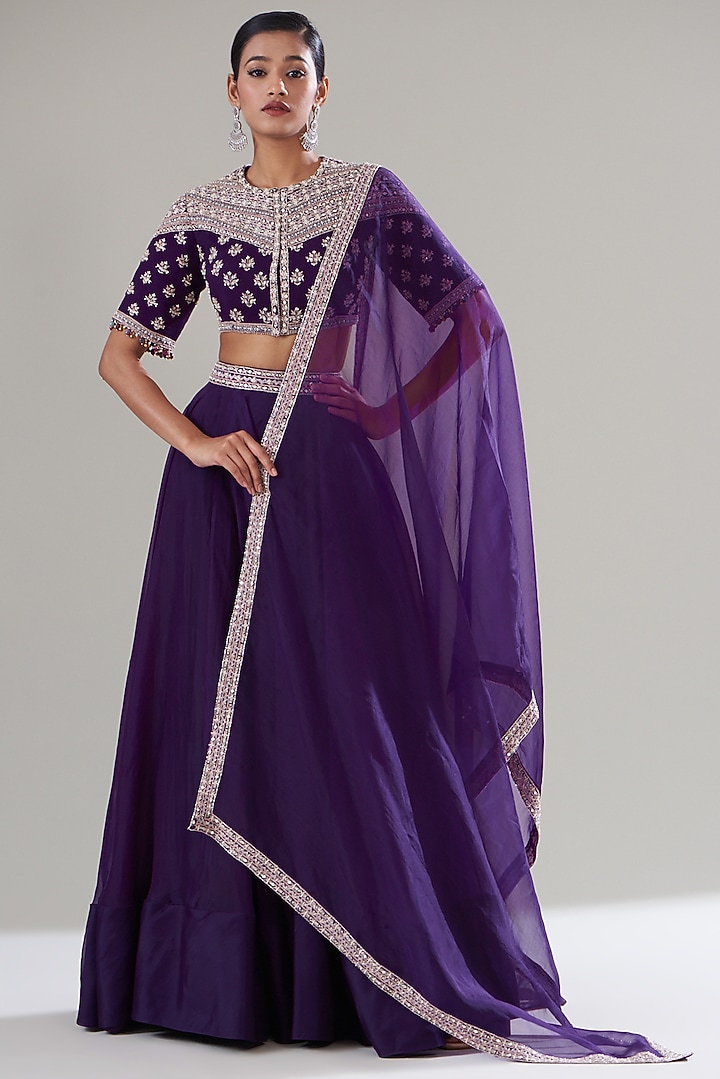 Purple Organza & Silk Chiffon Wedding Lehenga Set by Sana Barreja at Pernia's Pop Up Shop