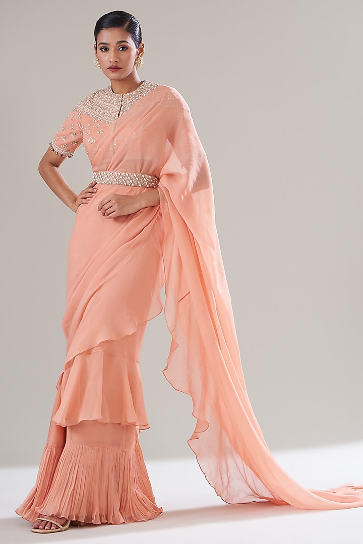 Peach Silk Chiffon Pre-Stitched Saree Set by Sana Barreja