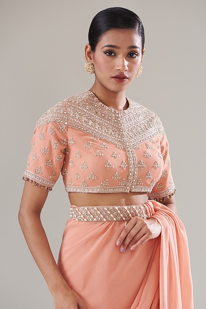 Peach Silk Chiffon Pre-Stitched Wedding Saree Set by Sana Barreja at Pernia's Pop Up Shop