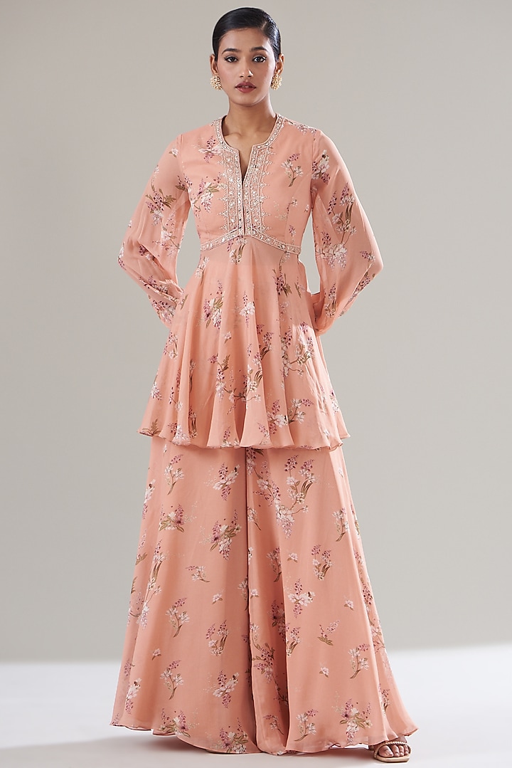 Peach Georgette Printed Sharara Set by Sana Barreja at Pernia's Pop Up Shop