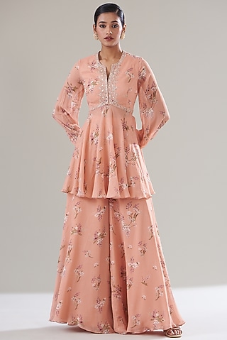 Peach Georgette Printed Sharara Set by Sana Barreja