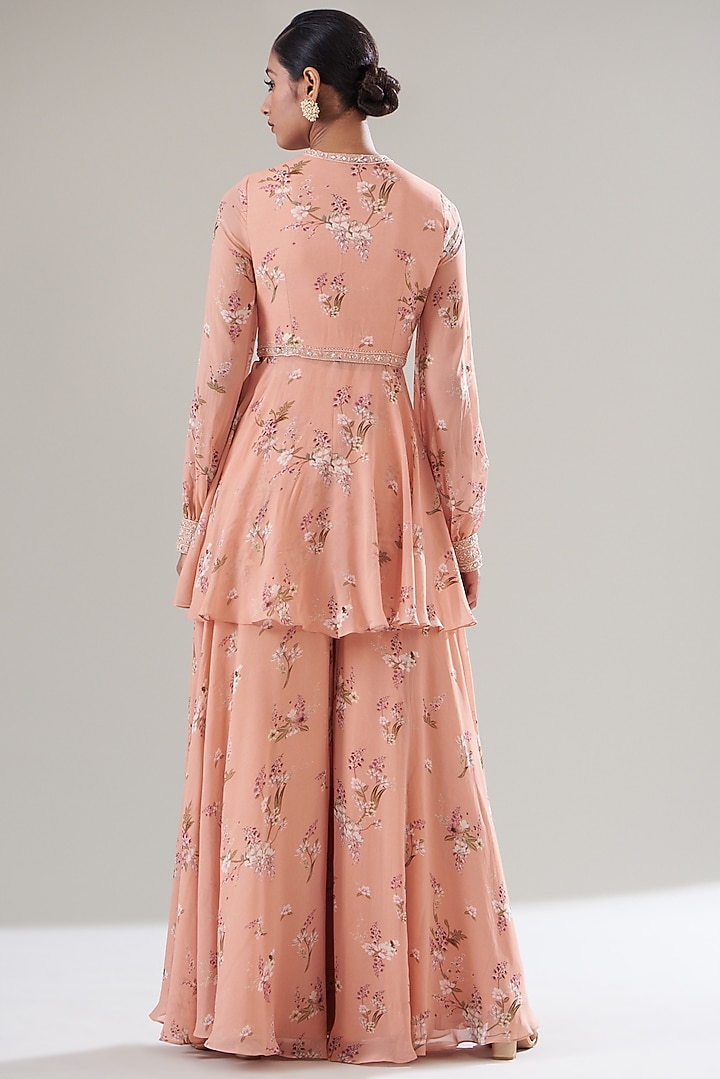 Peach Georgette Printed Party Wear Sharara Set by Sana Barreja at Pernia's Pop Up Shop