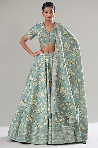 Ice Blue Chanderi Silk Printed Lehenga Set by Sana Barreja