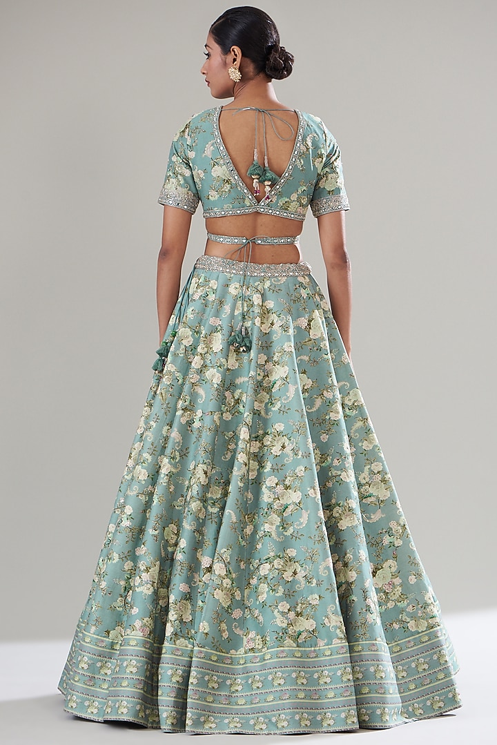 Ice Blue Chanderi Silk Printed Wedding Lehenga Set by Sana Barreja at Pernia's Pop Up Shop