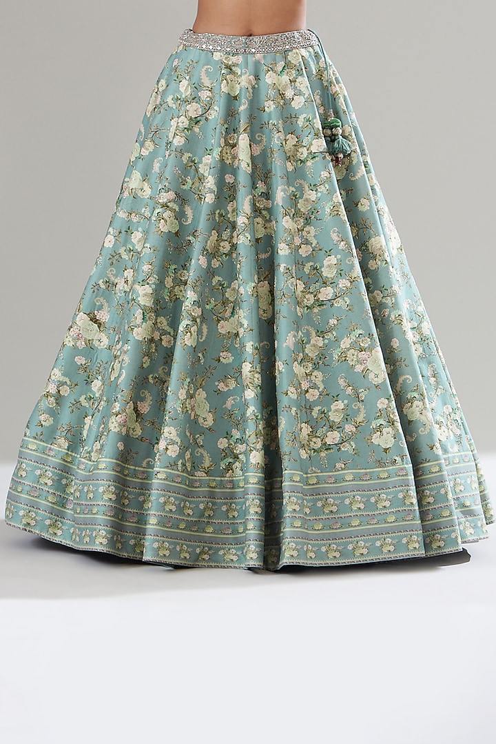 Ice Blue Chanderi Silk Printed Wedding Lehenga Set by Sana Barreja at Pernia's Pop Up Shop