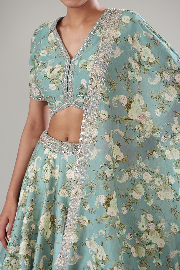 Ice Blue Chanderi Silk Printed Wedding Lehenga Set by Sana Barreja at Pernia's Pop Up Shop