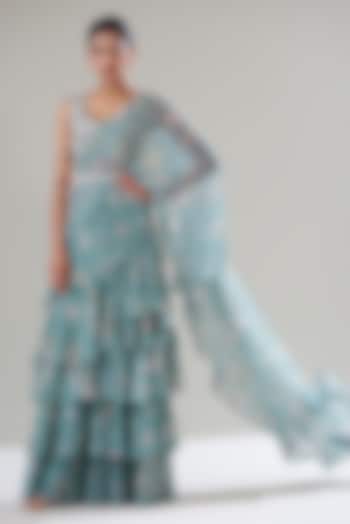 Ice Blue Chiffon Printed Saree Set by Sana Barreja