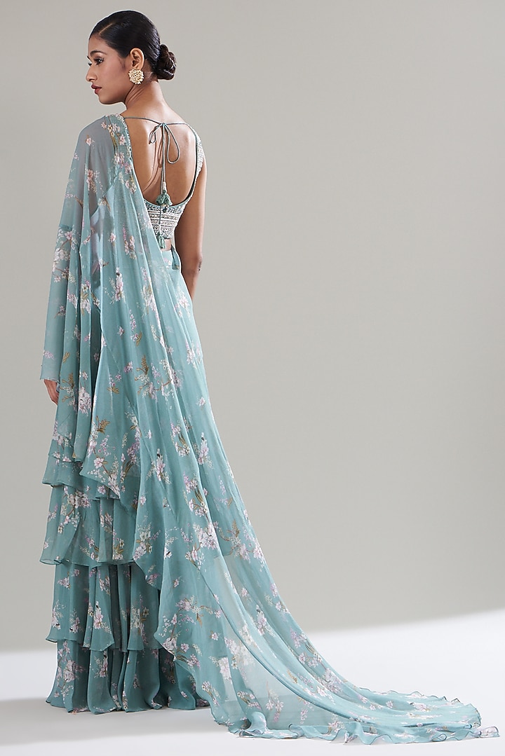 Ice Blue Chiffon Printed Wedding Saree Set by Sana Barreja at Pernia's Pop Up Shop