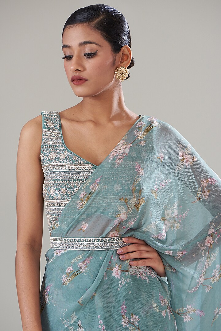 Ice Blue Chiffon Printed Wedding Saree Set by Sana Barreja at Pernia's Pop Up Shop