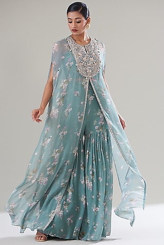 Ice Blue Chiffon Printed Kaftan Set by Sana Barreja