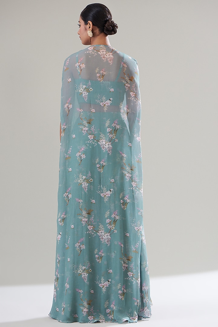 Ice Blue Chiffon Printed Kaftan Set by Sana Barreja at Pernia's Pop Up Shop