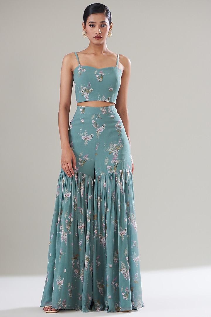 Ice Blue Chiffon Printed Kaftan Set by Sana Barreja at Pernia's Pop Up Shop