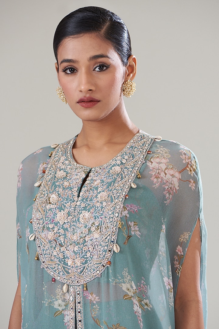 Ice Blue Chiffon Printed Kaftan Set by Sana Barreja at Pernia's Pop Up Shop