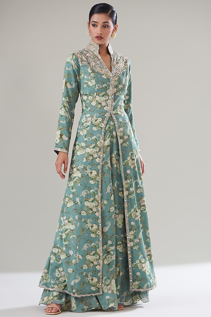 Ice Blue Chanderi Silk Printed Kurta Set by Sana Barreja at Pernia's Pop Up Shop