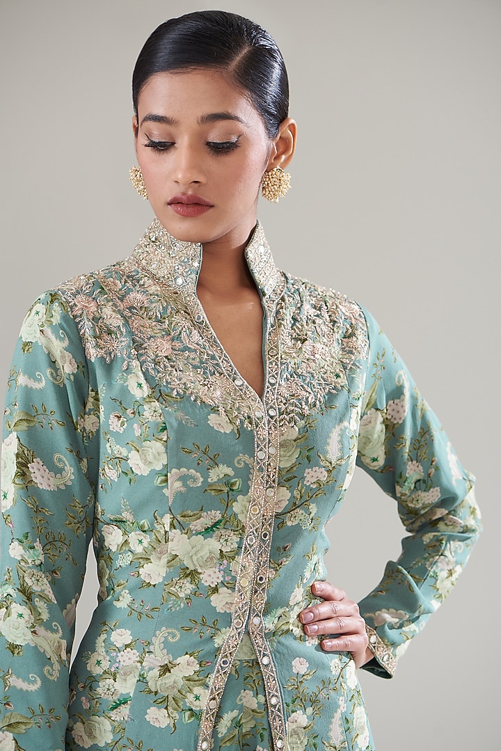 Ice Blue Chanderi Silk Printed Kurta Set by Sana Barreja at Pernia's Pop Up Shop