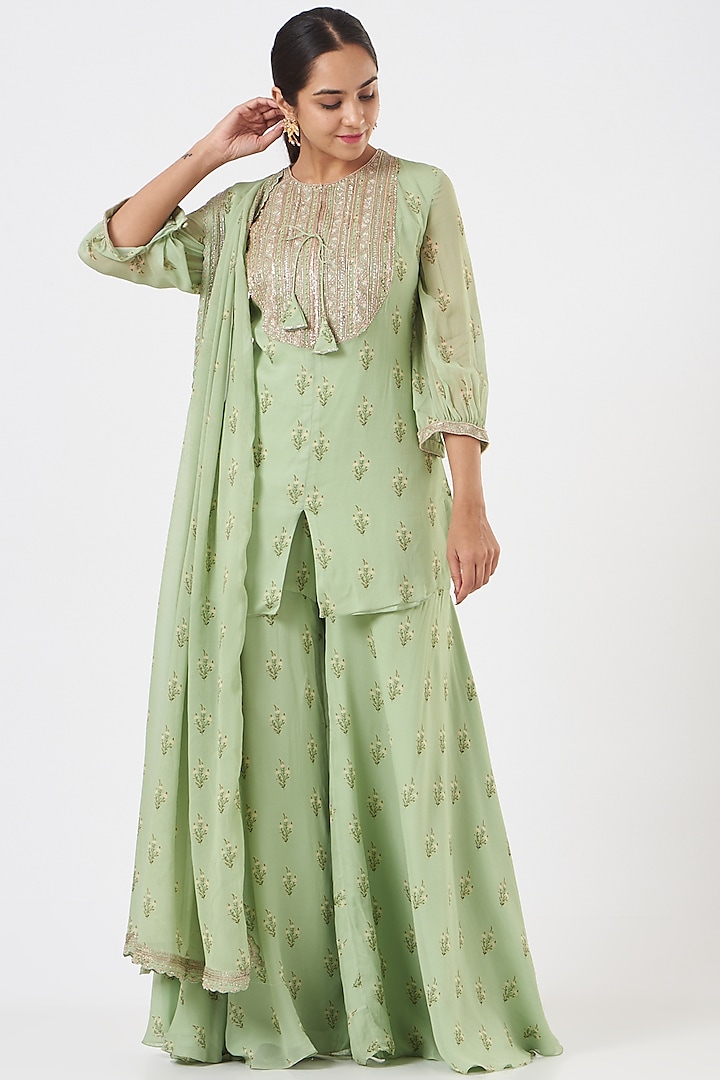 Mint Green Georgette Floral Printed Gharara Set by Sana Barreja at Pernia's Pop Up Shop