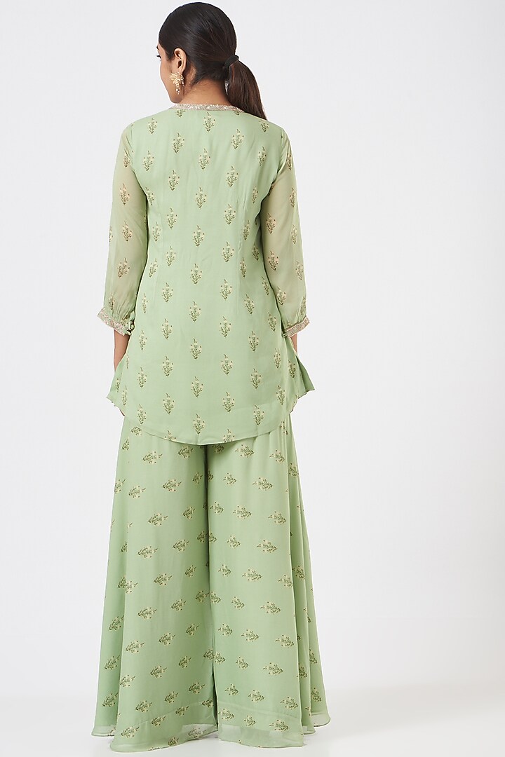 Mint Green Georgette Floral Printed Gharara Set by Sana Barreja at Pernia's Pop Up Shop