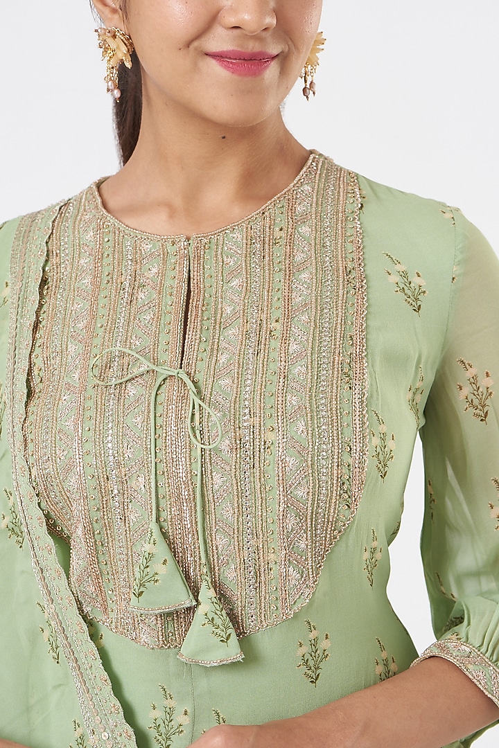 Mint Green Georgette Floral Printed Gharara Set by Sana Barreja at Pernia's Pop Up Shop