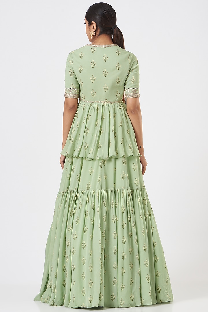Mint Green Georgette Floral Printed Wedding Lehenga Set by Sana Barreja at Pernia's Pop Up Shop
