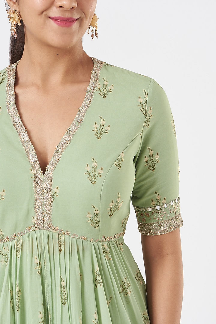 Mint Green Georgette Floral Printed Wedding Lehenga Set by Sana Barreja at Pernia's Pop Up Shop
