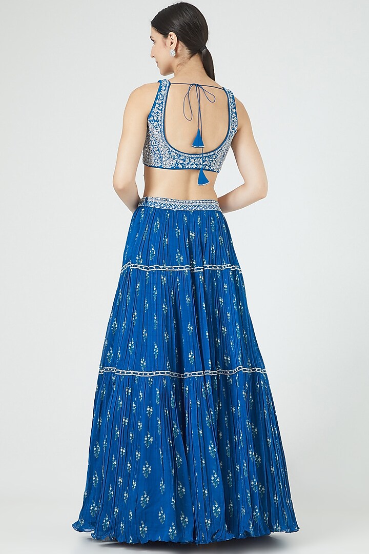 Cobalt Blue Printed Wedding Lehenga Set by Sana Barreja at Pernia's Pop Up Shop